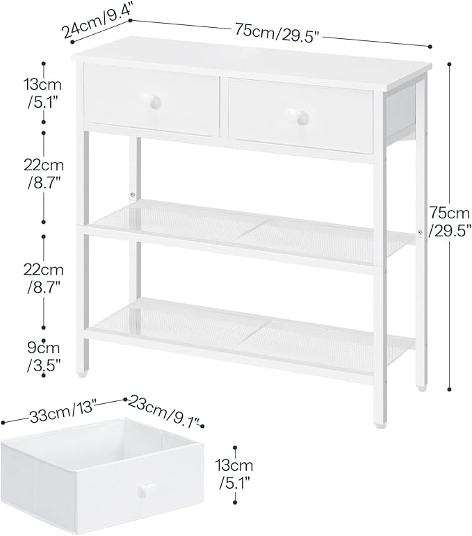 HOOBRO 29.5" Narrow Console Table with 2 Fabric Drawers, Sofa Table, Small Entryway Table with 3-Tier Storage Shelves, Behind Couch Table, for Living Room, Hallway, White WW72XG01G1