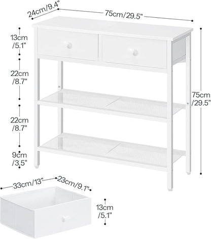 HOOBRO 29.5" Narrow Console Table with 2 Fabric Drawers, Sofa Table, Small Entryway Table with 3-Tier Storage Shelves, Behind Couch Table, for Living Room, Hallway, White WW72XG01G1