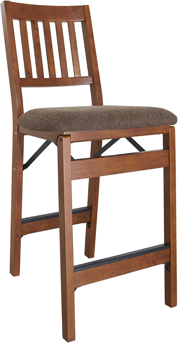 MECO Stakmore Premium Solid Wood Dining Table Folding Counter Stools Set with Fabric Padded Upholstered Seat, Espresso (2 Pack)