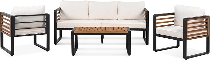 4-Pieces Outdoor Patio Sectional Sofa Set with Coffee Table, All-Weather 5 Person Conversation Set with Thick Cushions and Pillows for Garden Backyard Balcony, Acacia Wood Tabletop (Beige-N74)