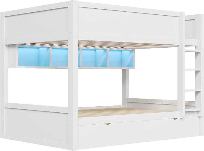 Merax Full XL Over Full XL Wood Bunk Bed with Ladder, Storage Shelves & Drawers, Floor Multifunction Bunk Bed with Full Length Gardrails for Bedroom, Space Saving,White