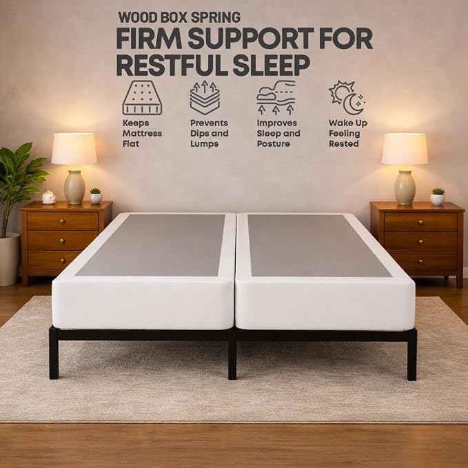 Treaton, Box Spring Bed Base Queen Size, 8-Inch Wood Mattress Foundation – Amish Made in USA – Quiet Noise Free, 2-Pieces Under Mattress-Support BoxSpring, Fully Assembled, White