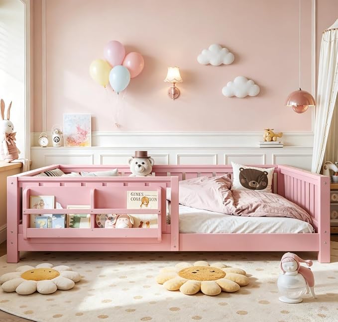 Bellemave Full Size Floor Bed with high Rails and with Built-in Bookshelf for Kids, Girls, Boys, Wood Montessori Floor Bed Without Door, Pink