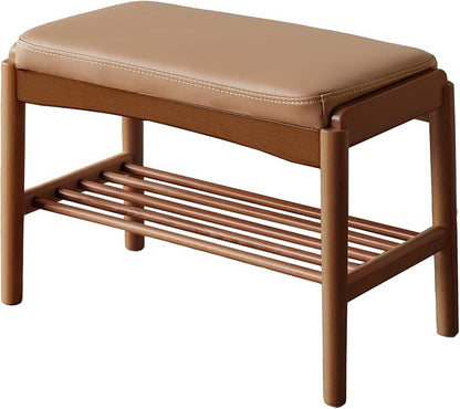 Solid Wood Shoe Bench (Assembled), 600lb Weight Capacity, Durable Cloud-Soft Leather Upholstered Entryway Bench for Entryway, Hallway, Living Room, Bedroom,11.8"x23.6"x16.5", Walnut
