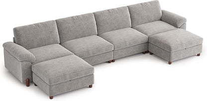 SITJOY Large Cloud Couch, 149" Wide 4 Seater U Shape, Light Gray Chenille | Detachable and Washable Chenille Cover Sectional Sofas for Living Room, Deep Seat Wide Couch with Chaise, Storage Ottoman
