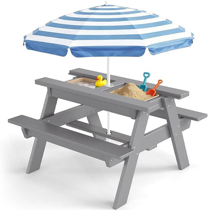 FOOWIN Kids 3-in-1 Sand & Water Table,HDPE Outdoor Convertible Picnic Table w/Detachable Tabletop, for Outdoor Backyard Patio Play Grey