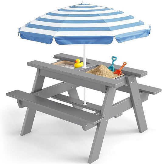 FOOWIN Kids 3-in-1 Sand & Water Table,HDPE Outdoor Convertible Picnic Table w/Detachable Tabletop, for Outdoor Backyard Patio Play Grey