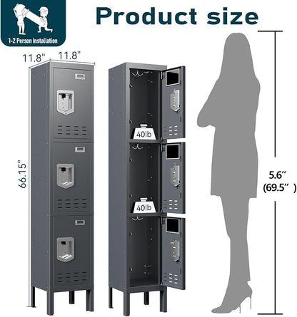 BUTISOW Metal Lockers - 66" Height Steel Lockers for Employees with 3 Door Storage Locker with Card Slot for Employees Gym School Home Office Garage - Assembly Required