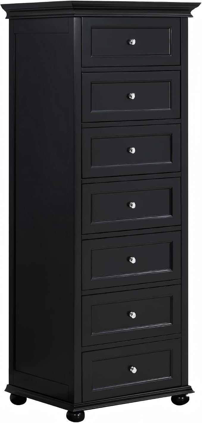 Tall Skinny Dresser for Bedroom with 7 Drawers, Black Narrow Wood Dresser | Tall Vertical Chest of Drawers Dresser for Closet Storage, Silent Glide System, Zinc Alloy Knobs, 20" W x 16.5" D x 52" H