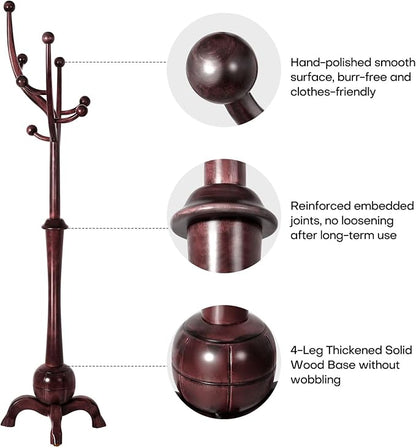 Bekrvio Freestanding Wood Coat Rack with Stable Sphere Base, Wine Red | 8 Hooks Tree Branch Design, Heavy Duty Standing Coat Hanger for Entryway, Hallway, Bedroom, Foyer; Hangs Coats, Hats, Bags