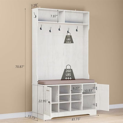 71" Hall Tree with Bench and Shoe Storage, Entryway Hall Tree with 2 Doors and 6 Adjustable Shelves, Cushioned Storage Bench with Coat Rack for Hallway, Living Room, Mudroom