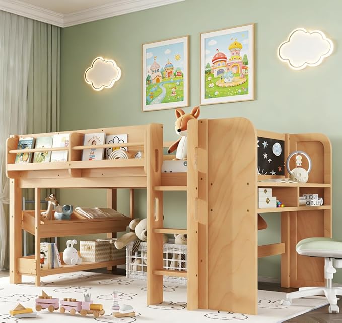 Bellemave Twin Size Low loft Bed with Desk and bookcases, Boxes and Drawers for Kids,Wood Modern Farmhouse Kids Loft Beds with Shelf, Natural