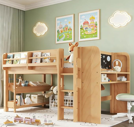 Bellemave Twin Size Low loft Bed with Desk and bookcases, Boxes and Drawers for Kids,Wood Modern Farmhouse Kids Loft Beds with Shelf, Natural