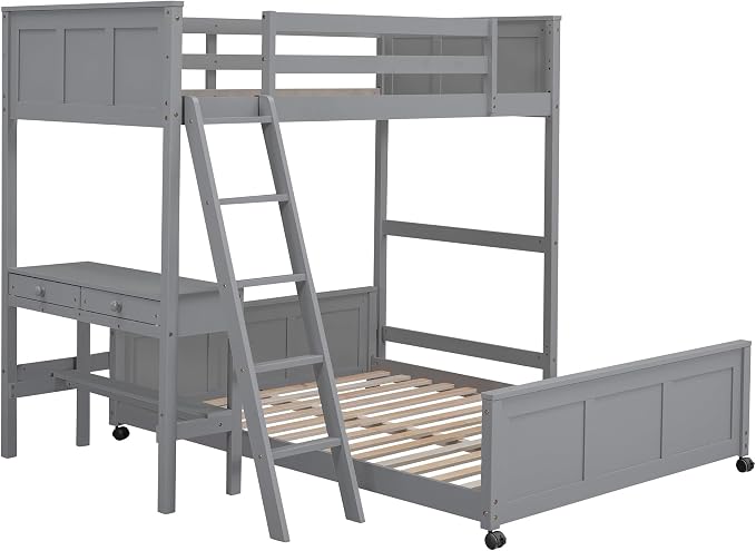 Ball & Cast Twin Over Full Bunk Bed with Safty Guardrail & Stairway,Heavy Duty Wood Loft Bedframe W/Desk & Drawers,Easy Assembly,Versatile Functional Bedroom Furniture Set for Boy Girl Teens,Gray