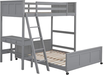 Ball & Cast Twin Over Full Bunk Bed with Safty Guardrail & Stairway,Heavy Duty Wood Loft Bedframe W/Desk & Drawers,Easy Assembly,Versatile Functional Bedroom Furniture Set for Boy Girl Teens,Gray