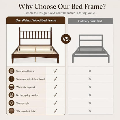 Walnut 3 Pieces King Bedroom Set, Vintage Platform Bed Frame King Size with 2 Nightstand, Wood Traditional Bedframe with Spindle Headboard, No Box Spring Required (Walnut, King)