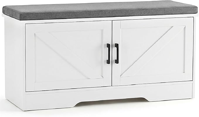 NEWBULIG Shoe Storage Bench for Entryway with Cushion, 39.4IN, White | Shoe Organizer Cabinet with Padded Cushion and Doors, Adjustable Shelves, Shoes Bench for Hallway, Mudroom, Bedroom