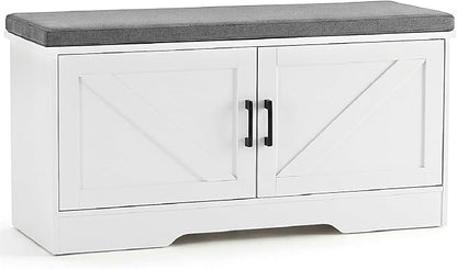 NEWBULIG Shoe Storage Bench for Entryway with Cushion, 39.4IN, White | Shoe Organizer Cabinet with Padded Cushion and Doors, Adjustable Shelves, Shoes Bench for Hallway, Mudroom, Bedroom