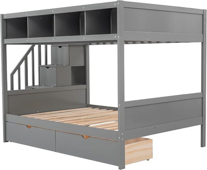 MERITLINE Twin Over Full Bunk Bed with Stairs, Storage Shelves and Drawers, Solid Wood Bunk Bed Frame with Storage, for Teens Adults (Grey)