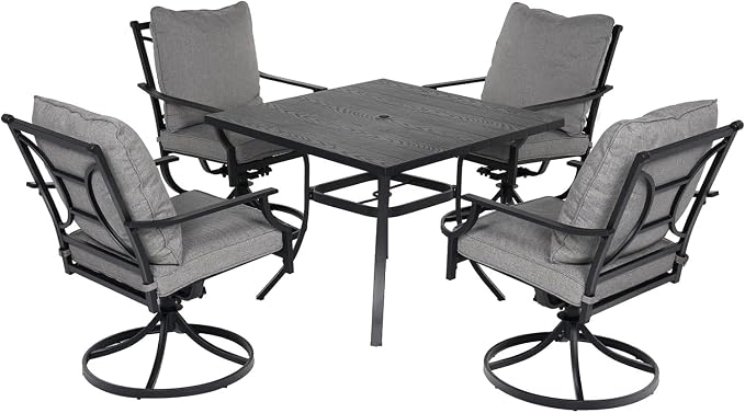 Grand patio 5-Piece Patio Dining Set for 4, E-Coated Outdoor Dining Set Swivel Patio Dining Chairs with Olefin Cushions & 1 Black Square Faux Woodgrain Dining Table with 1.5”Market Umbrella Hole