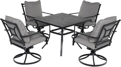 Grand patio 5-Piece Patio Dining Set for 4, E-Coated Outdoor Dining Set Swivel Patio Dining Chairs with Olefin Cushions & 1 Black Square Faux Woodgrain Dining Table with 1.5”Market Umbrella Hole