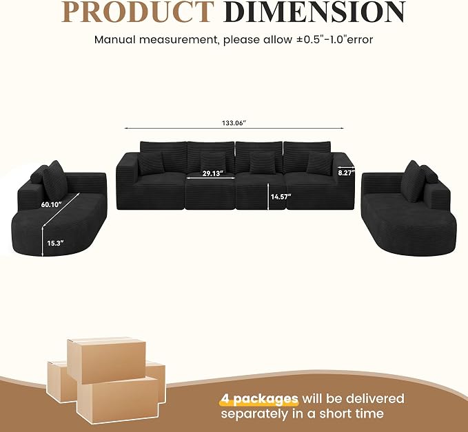 Living Room Furniture Sets,Modern U Shaped Modular Sectional Sofa,Convertible Cloud Couches for Living Room,Comfy 4 Seater with 2 Chaise Furniture Set, Boneless Couch Sofa,1 PCS