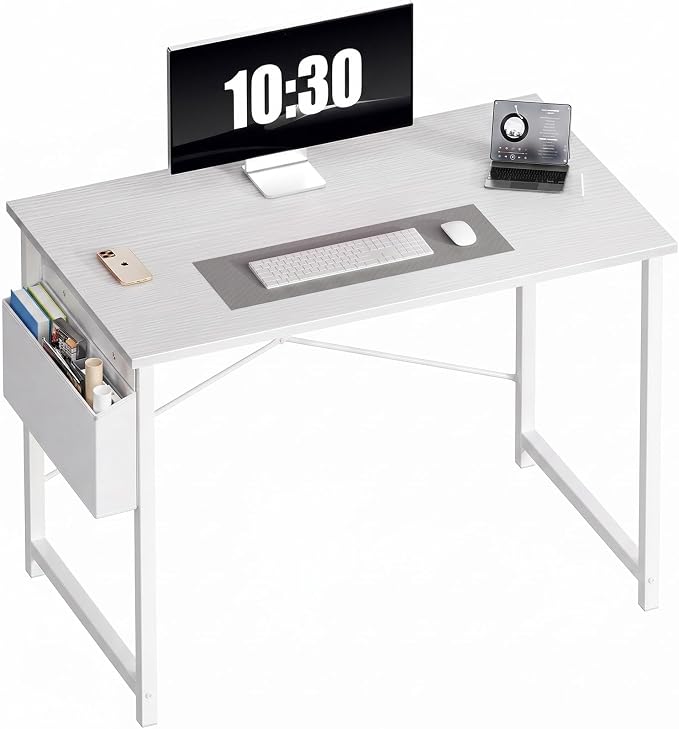 OLIXIS Small Computer Desk, 40 Inch Home Office Desks, Writing Study Craft Work Gaming Table, Computer Workstation for Bedroom Small Spaces with Storage Bag, All White