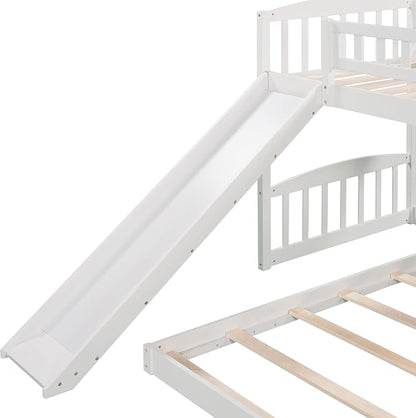 Twin Over Twin Bunk Bed, Wood Bunk Bed with Slide and Ladder, White