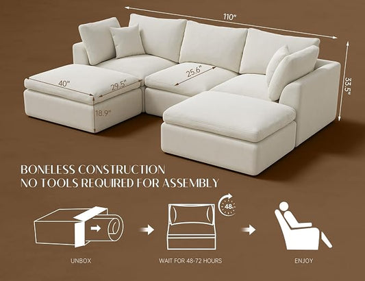 ohllob 110" Cloud Sectional Couches for Living Room, Boneless U Shaped Couch with Ottoman, 3 Seater Modular Sectional Sofa, Warm White