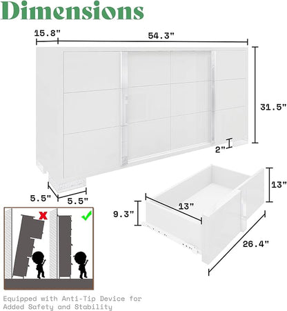 AMERLIFE 4 Piece Bedroom Furniture Set, Upholstered Queen Size Bed Frame with 53" Headboard & Wingback, 54" 6-Drawer Dresser & Nightstand Set of 2, High Gloss, Modern, White