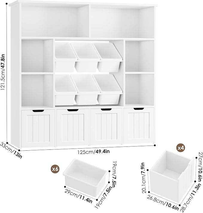 FINETONES Toy Storage Organizer with 6 Toy Bins, Large Toy Organizers and Storage with 4 Movable Drawers and 6 Storage Cubbies, Kids Toy Storage and Toy Chest for Playroom and Kids Room, White
