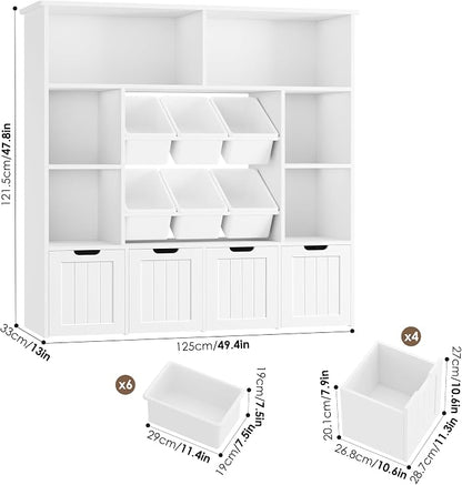 FINETONES Toy Storage Organizer with 6 Toy Bins, Large Toy Organizers and Storage with 4 Movable Drawers and 6 Storage Cubbies, Kids Toy Storage and Toy Chest for Playroom and Kids Room, White