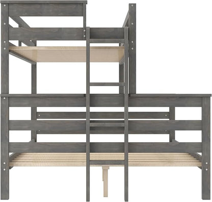 Wood Bunk Bed Twin XL Over Queen Size, Detachable Design Bunk Bed Frame with Safety Guardrail, Ladder and Sturdy Slats Support (Grey-4.21)