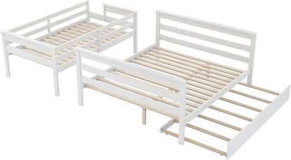 Wood Bunk Bed Twin XL Over Queen Size with Trundle, Detachable Design Bunk Bed Frame with Safety Guardrail, Ladder and Sturdy Slats Support (White+Trundle)