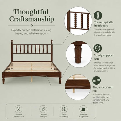 Walnut 3 Pieces King Bedroom Set, Vintage Platform Bed Frame King Size with 2 Nightstand, Wood Traditional Bedframe with Spindle Headboard, No Box Spring Required (Walnut, King)