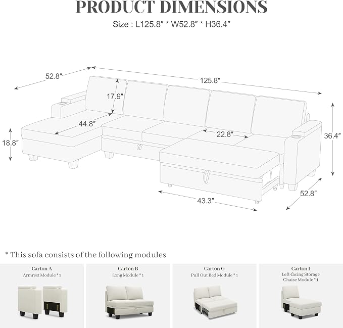 Belffin Modular Sectional Sleeper Sofa Bed with Storage Chaise L Shaped Sectional Couches for Living Room Armrest with Cup Holder. White Couch