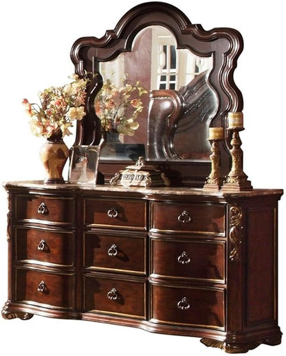 Pemberly Row Traditional Queen Bedroom Set, 4-Piece Wood Construction, Dark Walnut Finish, Upholstered Wing Headboard, Felt-Lined Drawers, Marble Tops, Beveled Mirror, Perfect for Elegant