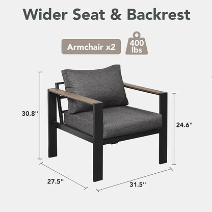 Patio Furniture Armchair Set of 2, All-Weather Patio Sofa with Washable Thick Cushion, Deluxe Aluminum Modern Outdoor Sectional for Porch, Balcony, Deck, Yard, Dark Gray