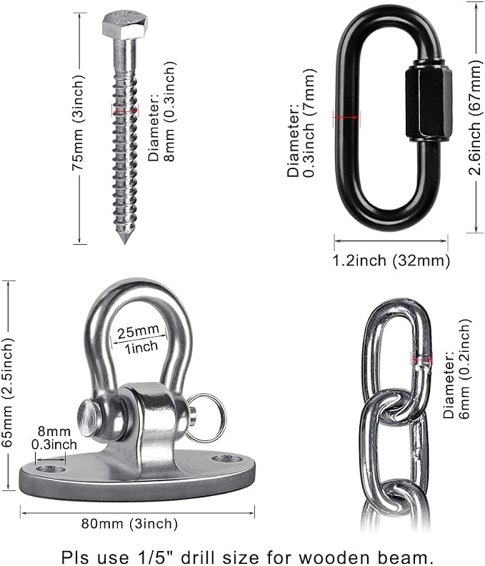 BeneLabel Set of 2 Heavy Duty Porch Swing Hanging Chain Kit, Hammock Hardware for Indoor Outdoor Playground, 4 Wood Screws, 1000LB Capacity, 105