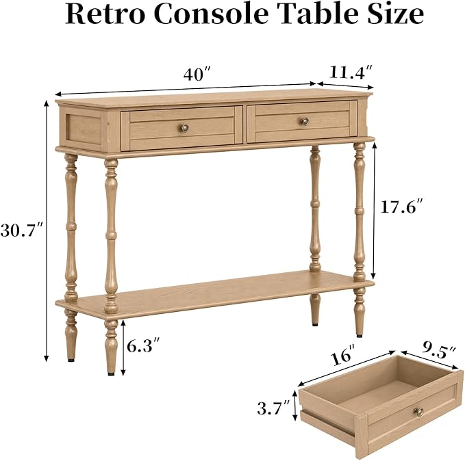 ARTPOWER Console Table for Entryway with 2 Drawers-Minimal Assembly,Retro Entryway Table with Storage Cabinets and Open Shelf,Narrow Long Couch Table Behind Sofa for Living Room,Foyer,Hallway,Natural