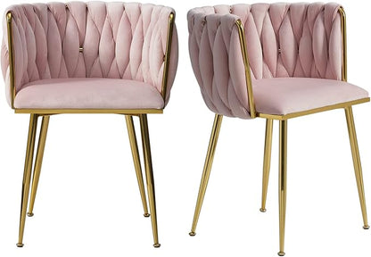 Velvet Dining Chairs Set of 2, Gold Modern Dining Chair with Metal Legs, Woven Upholstered Dining Chairs for Dining Room, Kitchen, Vanity, Living Room (Pink)