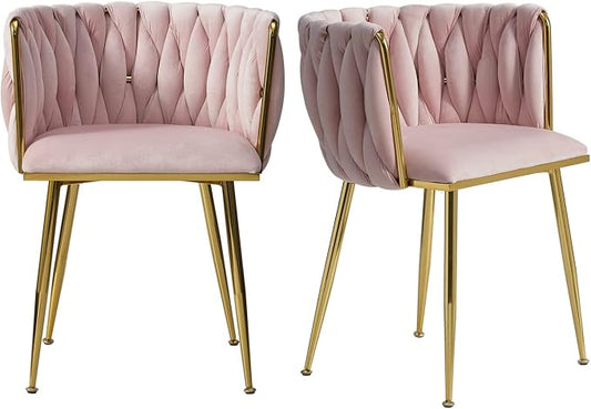 Velvet Dining Chairs Set of 2, Gold Modern Dining Chair with Metal Legs, Woven Upholstered Dining Chairs for Dining Room, Kitchen, Vanity, Living Room (Pink)