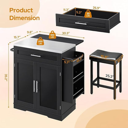 Concho 41'' Kitchen Island with Seating and Stainless Steel Countertop, Rolling Kitchen Carts on Wheels with Folding Drop Leaf, Bar Stool, Power Outlet, Spice/Towel Rack, Black