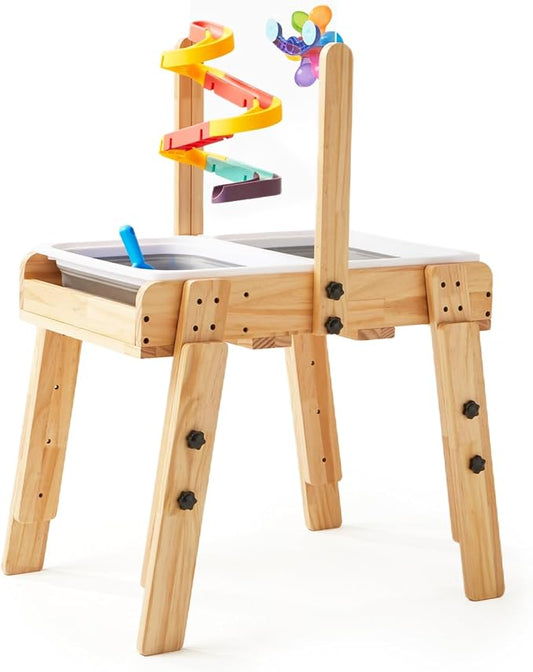 Kids Wooden Sensory Activity Table with 2 Collapsible Storage Bins, Acrylic Painting Board, Adjustable Height from 18-25”, Grow with Your Beloved.