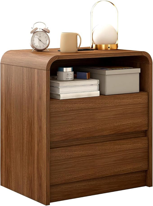 23.6" Walnut Nightstand with Charging Station, Anti-Collision Mid Century Modern Bedside Table with 500 LB Capacity, Soft Close Drawers Night Stand with Hidden Storage & Pre-Embedded Parts for Bedroom