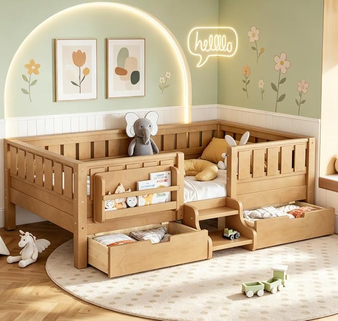 Bellemave Twin Size Kids Bed with high Rails and with Built-in Bookshelf and Drawers for Kids, Girls, Boys, Wood Montessori Bed Without Door, Light Natural