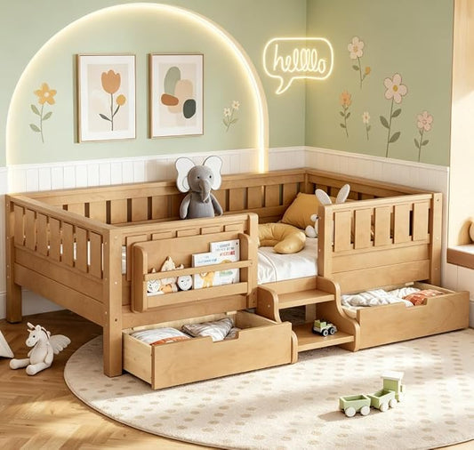 Bellemave Twin Size Kids Bed with high Rails and with Built-in Bookshelf and Drawers for Kids, Girls, Boys, Wood Montessori Bed Without Door, Light Natural