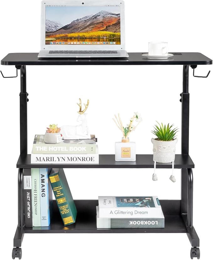 Mobile Laptop Desk with Power Outlets, Height Adjustable TV Tray Table with Storage Shelf, Rolling Computer Table with USB Ports (Black)