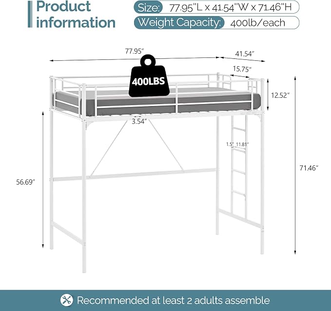 VINGLI Loft Bed Twin for Kids Loft Bunk Bed Frame with Stairs/Flat Ladder Rung,Metal Single Loft for Adults, No Box Spring Required, White