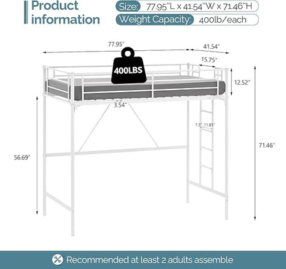VINGLI Loft Bed Twin for Kids Loft Bunk Bed Frame with Stairs/Flat Ladder Rung,Metal Single Loft for Adults, No Box Spring Required, White